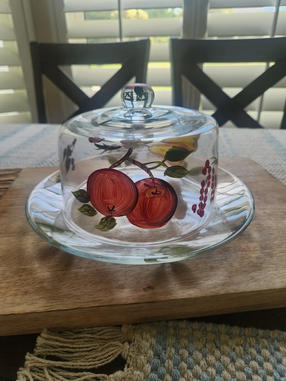 Vintage Hand Painted Glass Covered Cake Plate Cheese Fruit Dessert Dome Cloche